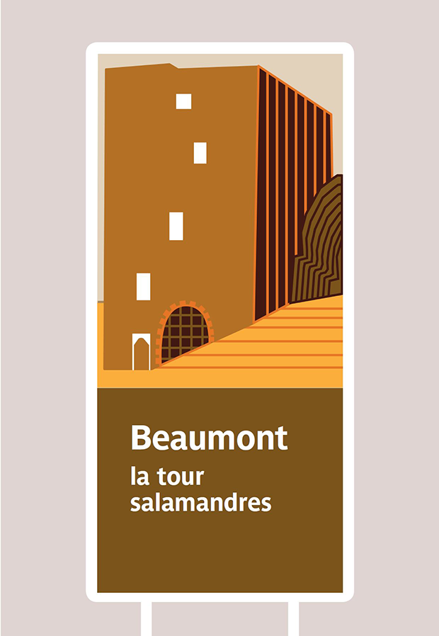 Panneau publicitaire d'une région 'Beaumont' et de son monument en version illustration